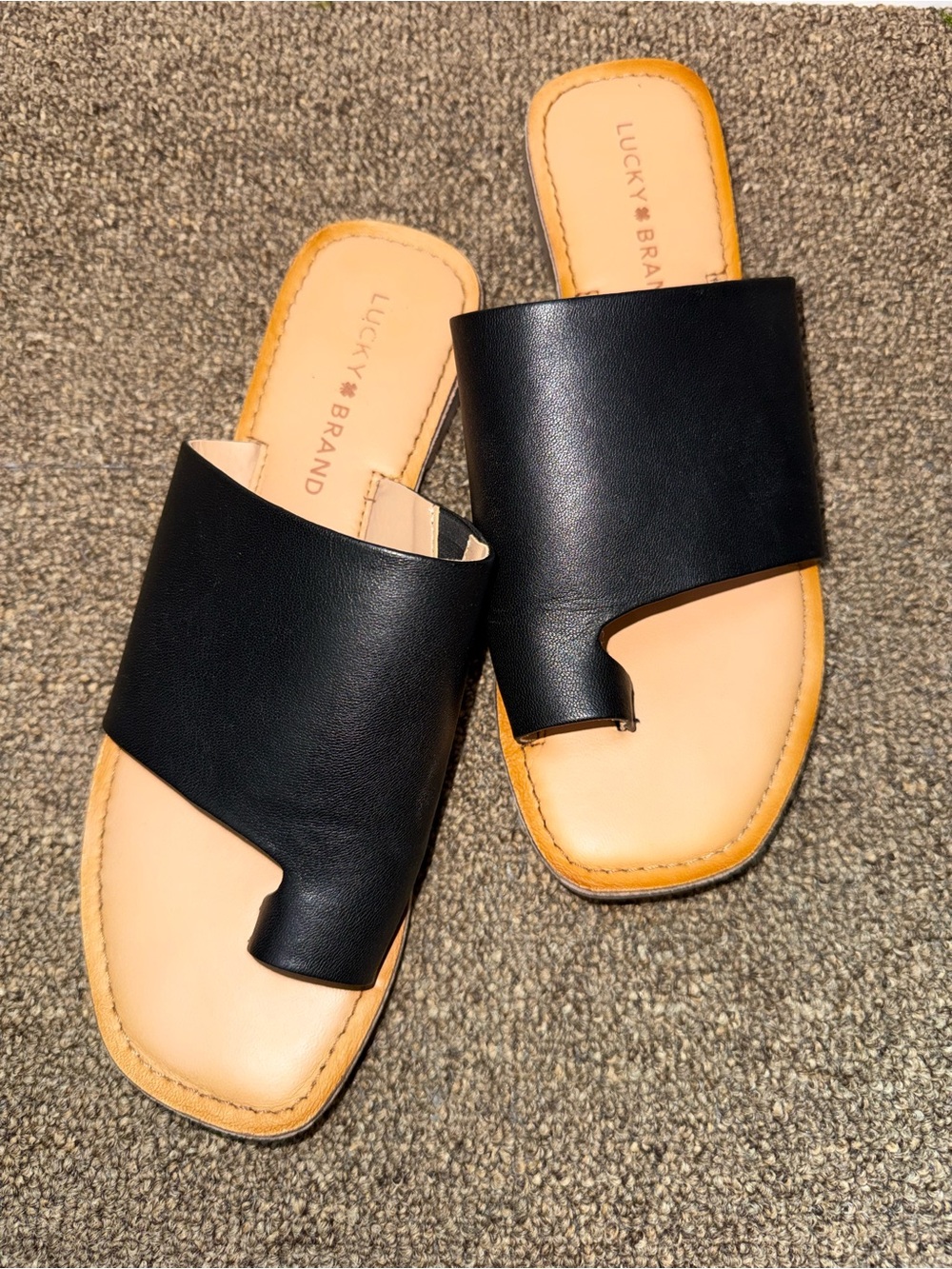 Lucky Brand Black Leather Slide Mules with Tan Insole